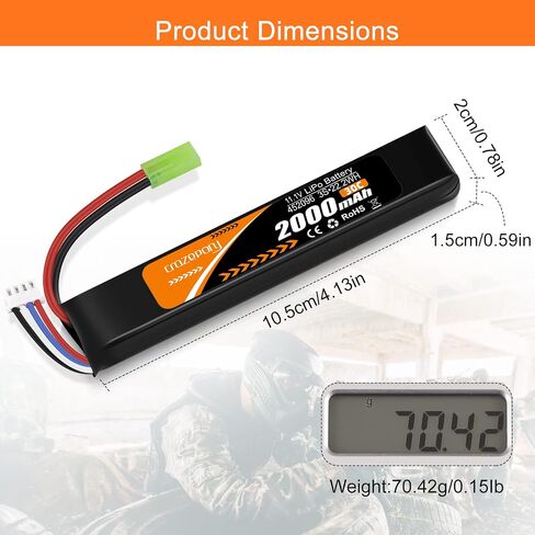11.1V Airsoft Battery 3S LiPo Battery 2000mAh with Mini Tamiya Connector | Crazepony Rechargeable Airsoft Battery 30C with JST XH Connector for Model Airsoft Rifle in Kuwait