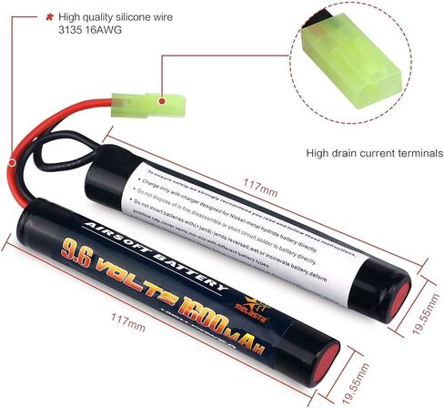 بطارية Melasta 9.6V 1600mAh Nunchuck NiMH 2-Pack لبنادق Airsoft | متوافق مع ميني تاميا. يناسب M4، G36، M110، SR25، M249، M240B، M14، RPK، PKM، L85، AUG، G3. قابلة للشحن ذات قدرة عالية. in Kuwait