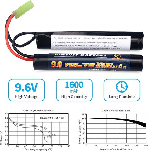 بطارية Melasta 9.6V 1600mAh Nunchuck NiMH 2-Pack لبنادق Airsoft | متوافق مع ميني تاميا. يناسب M4، G36، M110، SR25، M249، M240B، M14، RPK، PKM، L85، AUG، G3. قابلة للشحن ذات قدرة عالية. in Kuwait