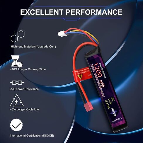 3S Lipo Airsoft Battery 11.1V 1200mAh 20C Rechargeable Lithium Polymer Battery Pack with T Plug for Airsoft Guns Rifle - 2096(2 Packs) in Kuwait