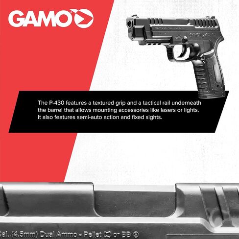 مسدس هوائي Gamo P-430 CO2 - .177 كريات / BBS - 495 إطارًا في الثانية - أسود | مجلة مزدوجة مكونة من 16 جولة - قبضة محكمة - حاجز ملحق تكتيكي in Kuwait