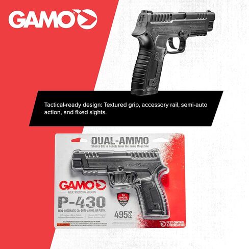 مسدس هوائي Gamo P-430 CO2 - .177 كريات / BBS - 495 إطارًا في الثانية - أسود | مجلة مزدوجة مكونة من 16 جولة - قبضة محكمة - حاجز ملحق تكتيكي in Kuwait
