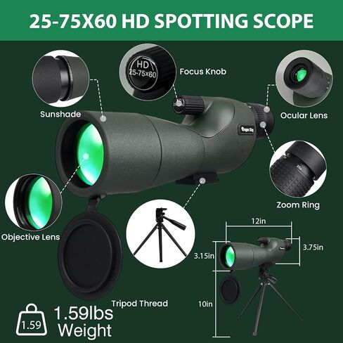 BIBIRE 25-75x60 Spotting Scope with Tripod and Phone Adapter, HD Straight Spotter Scope with Carrying Bag for Wildlife Viewing in Saudi Arabia