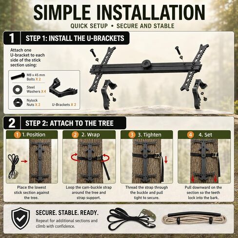 4 Pack Climbing Sticks with 1 Step Aider, 20" Ladder for Hunting | 300 LB Load Capacity Climbing Ladder Saddle Hunting Steps for Tree Stands, Hang On Tree Stand, Saddle Hunting Kit Accessories in Saudi Arabia