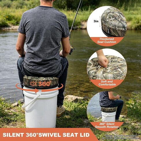 5 Gallon Bucket Seat, Waterproof 360°Swivel Bucket Lid Seat with 3" Thick Seat Foam Cushion, Silent Bucket Seats for Duck Dove Hunting, Ice Fishing, Baseball, Camping, Gardening, Auto Repair in Saudi Arabia