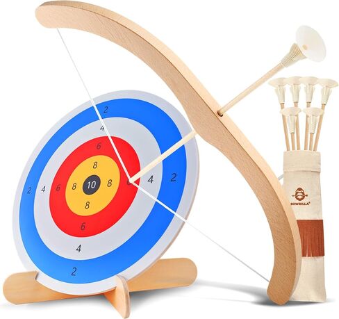 BOWRILLA® Kids Bow and Arrow Set | Wooden Archery Toy for Boys & Girls Ages 3+, Bow and Arrow for Kids | Includes 6 Suction Cup Arrows, Wooden Target & Cotton Quiver | Indoor & Outdoor Play in Saudi Arabia