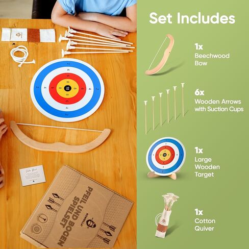 BOWRILLA® Kids Bow and Arrow Set | Wooden Archery Toy for Boys & Girls Ages 3+, Bow and Arrow for Kids | Includes 6 Suction Cup Arrows, Wooden Target & Cotton Quiver | Indoor & Outdoor Play in Saudi Arabia