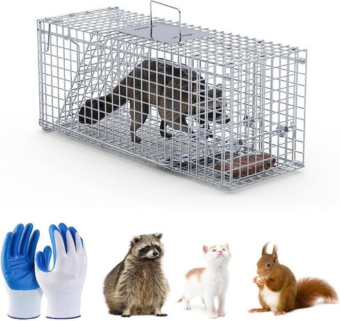 26" Live Animal Cage Trap Heavy Duty Folding Cat Traps with Gloves | Galvanized Steel Collapsible Humane Cat Trap Animal Live Trap Cage for Raccoons Beavers Groundhogs Foxes Armadillos Squirrel in Saudi Arabia