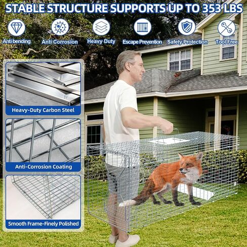 51.1"x17.4"x18.9" Large Foldable Humane Live Animal Trap Cage, Powder-Coated Alloy Steel Live Trap-Coyote Cage for Raccoon/Capybara/Bobcat/Fox/Dog/Armadillo/Opossum/Stray Cat/Rabbit-Zip Ties in Saudi Arabia