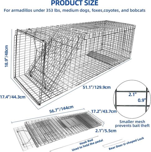 51.1"x17.4"x18.9" Large Foldable Humane Live Animal Trap Cage, Powder-Coated Alloy Steel Live Trap-Coyote Cage for Raccoon/Capybara/Bobcat/Fox/Dog/Armadillo/Opossum/Stray Cat/Rabbit-Zip Ties in Saudi Arabia