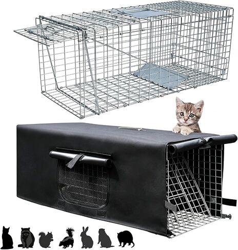 HiCaptain Live Animal Trap Cage with Cover 32-Inch Folding Trap for Cats | Covered folding cage with rear release door allows safe capture of feral cats, rabbits, raccoons, skunks, squirrels and mice in Kuwait