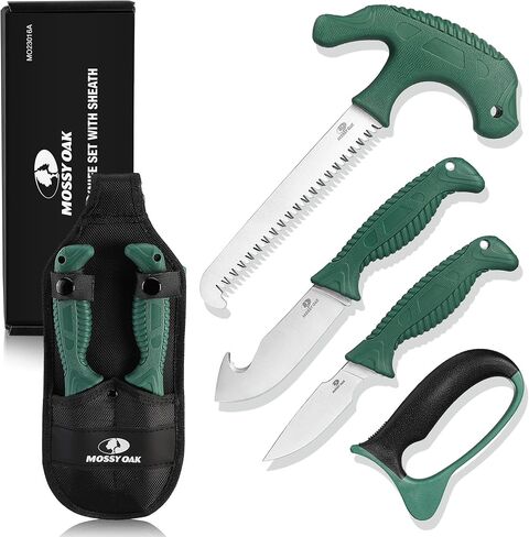 Mossy Oak Field Dressing Kit, 4PC Camouflage Hunting Knife Set with Sheath | Gut-Hook Skinner, Caping Knife, Wood/Bone Saw, Knife Sharpener, for Deer Hunting, Camping, Perfect Hunting Gifts for Men in Kuwait