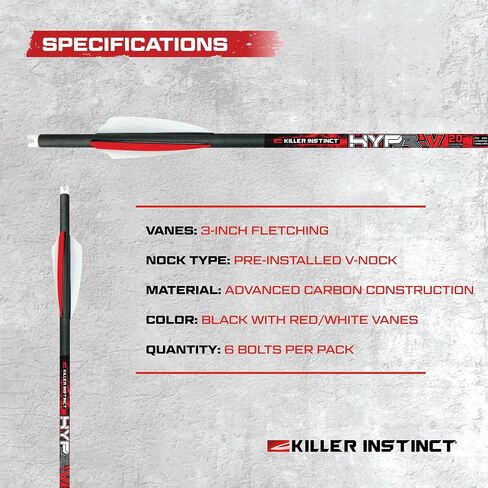 Killer Instinct Hypr-V 20" Crossbow Bolts 6-Pack - V-Track Nock System 390 Grain Total Weight with .003" Straightness Tolerance | 003" Straightness Tolerance, 6-Pack - V-Track Nock System 390 Grain Total in Saudi Arabia