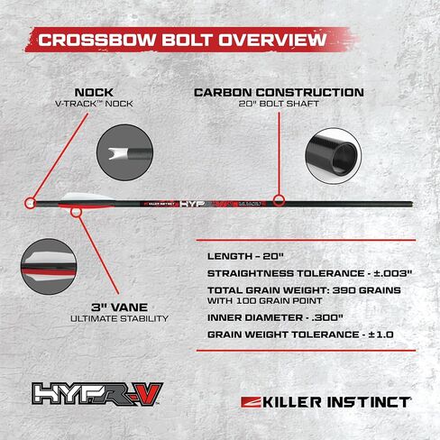 Killer Instinct Hypr-V 20" Crossbow Bolts 6-Pack - V-Track Nock System 390 Grain Total Weight with .003" Straightness Tolerance | 003" Straightness Tolerance, 6-Pack - V-Track Nock System 390 Grain Total in Saudi Arabia