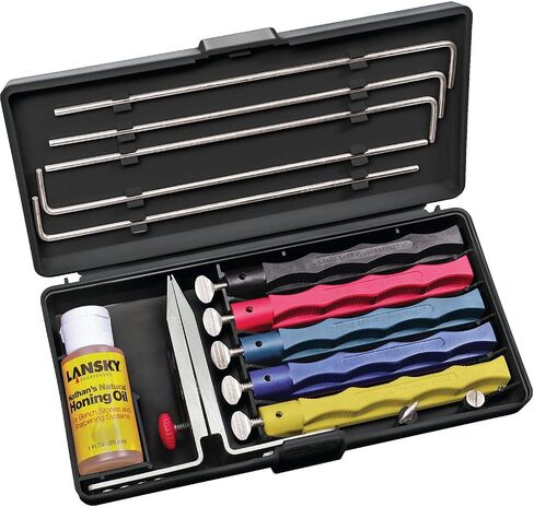Lansky Deluxe Knife Sharpening System: 5-Stone Ceramic Knife Sharpener Kit with Honing Oil - LKCLX | Honing oil included in Saudi Arabia
