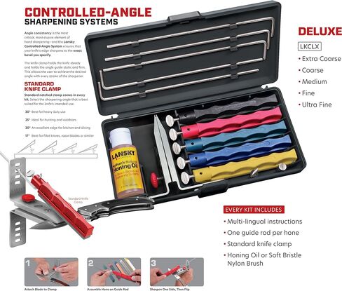 Lansky Deluxe Knife Sharpening System: 5-Stone Ceramic Knife Sharpener Kit with Honing Oil - LKCLX | Honing oil included in Saudi Arabia