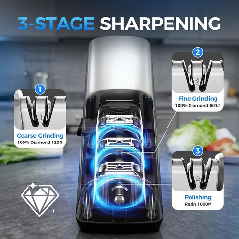 Electric Knife Sharpener for Kitchen Knives, 3-Stage, Fast, Repair, Polish | 3-Stage Kitchen Knife Sharpener - 15°Precision Angle Guide Knife Sharpeners - Stainless Steel Grinding Head-Portable in Saudi Arabia