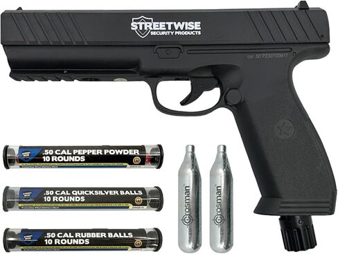 Streetwise Heat Self Defense Pepper Launcher - .50 Cal CO2 Powered Semi-Automatic 6-Round Launcher, Picatinny Rail, 450 FPS, 60 Ft Range, Includes Pepper Irritant Rubber Metal Rounds in Saudi Arabia