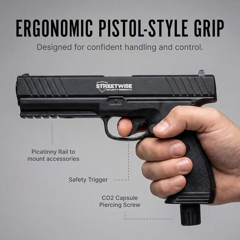 Streetwise Heat Self Defense Pepper Launcher - .50 Cal CO2 Powered Semi-Automatic 6-Round Launcher, Picatinny Rail, 450 FPS, 60 Ft Range, Includes Pepper Irritant Rubber Metal Rounds in Saudi Arabia