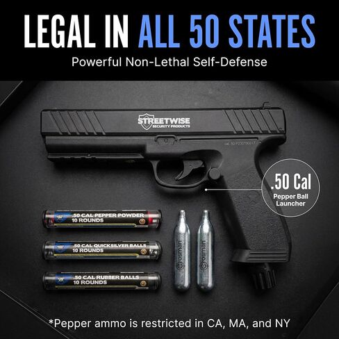 Streetwise Heat Self Defense Pepper Launcher - .50 Cal CO2 Powered Semi-Automatic 6-Round Launcher, Picatinny Rail, 450 FPS, 60 Ft Range, Includes Pepper Irritant Rubber Metal Rounds in Saudi Arabia