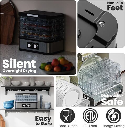 Small Food Dehydrator for Jerky, Fruit, Herbs & Pet Treats | 250W Energy-Efficient Heating, 5 BPA-free stackable trays, up to 72 hours of continuous operation, 95–158°F control, Black in Saudi Arabia