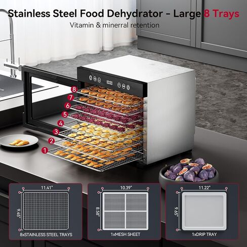 Food Dehydrator Machine, Powerful Food Dryer with 8 Stainless Steel Trays, Adjustable Temperature up to 167°F & 48-Hour Timer for Jerky, Fruits, Herbs - Includes Mesh Tray, Drip Tray & Recipe Guide in Saudi Arabia