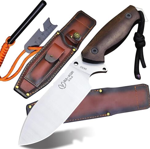 BA-KOR U.S.A 11 "DC53 Steel Hunting Knife & Sheath +4" Flint Fire Starter, Acidwood handle Jungle Survival Knife, Camping EDC tool knife in Saudi Arabia