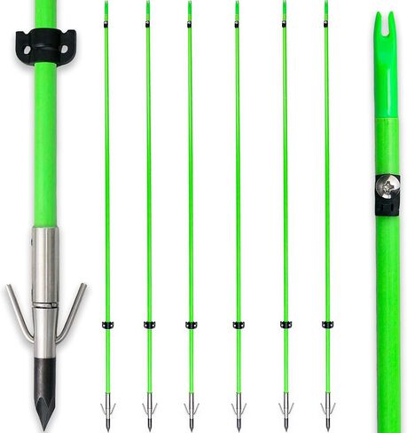 34inch Bowfishing Arrows with Broadheads for Compound Recurve Bows | 6-Pack Glow-in-Dark 8mm solid fiberglass shafts with safety slides and barbed Tips in Saudi Arabia