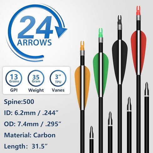 SUNYA Archery 24PCS Compound Bow Arrows for Practice. 30" Carbon Shaft, Spine 500 with Removable Tips. 4 Colors Vane Fit for Indoor and Outdoor Archery. in Saudi Arabia