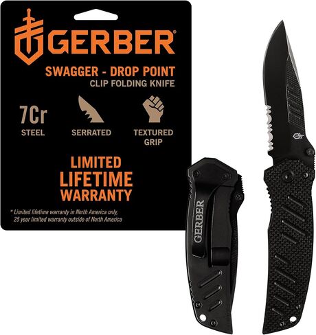 Gerber Swagger Drop Point EDC Folding Pocket Knife, Serrated Edge, Black in Saudi Arabia