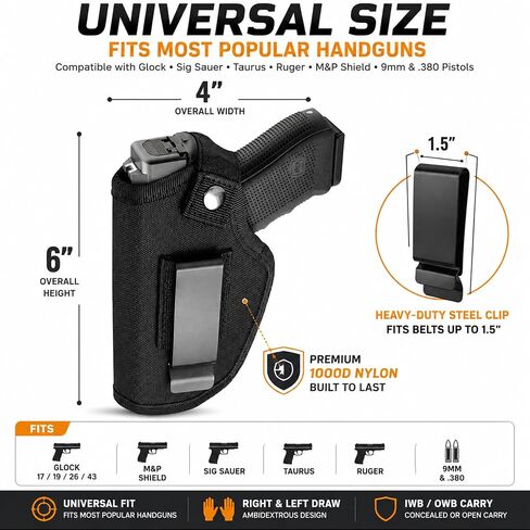 Universal Gun Holster for Men & Women, IWB/OWB Concealed Carry Holster with Metal Clip, Right & Left Hand Draw, Fits Glock 17 19 26 43, M&P Shield, Sig Sauer, Taurus, Ruger, 9mm & .380 Pistols in Kuwait