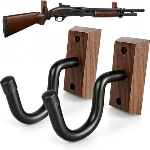 Walnut Gun Rack for Wall, Horizontal Rifle Wall Mount with Thick Rubber Coated Hooks, Heavy Duty Shotgun Holder for Display & Storage, Ideal Gun Shelf for Indoor Wall in Man Cave, Gun Room, Closet in Saudi Arabia