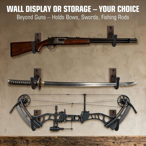 Walnut Gun Rack for Wall, Horizontal Rifle Wall Mount with Thick Rubber Coated Hooks, Heavy Duty Shotgun Holder for Display & Storage, Ideal Gun Shelf for Indoor Wall in Man Cave, Gun Room, Closet in Saudi Arabia