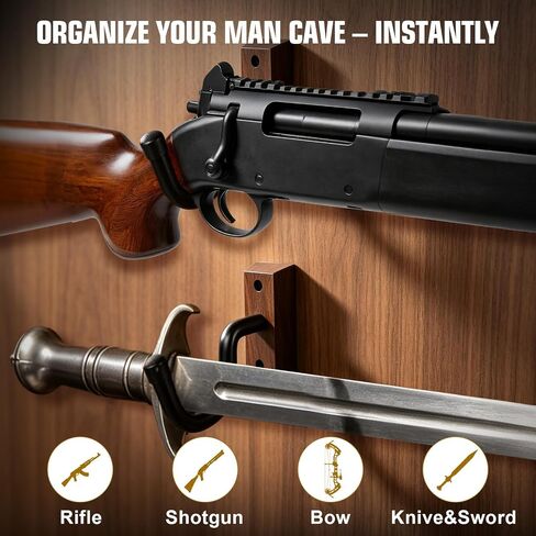 Walnut Gun Rack for Wall, Horizontal Rifle Wall Mount with Thick Rubber Coated Hooks, Heavy Duty Shotgun Holder for Display & Storage, Ideal Gun Shelf for Indoor Wall in Man Cave, Gun Room, Closet in Saudi Arabia