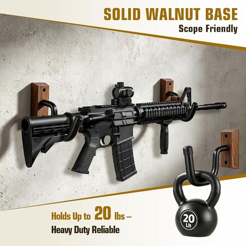 Walnut Gun Rack for Wall, Horizontal Rifle Wall Mount with Thick Rubber Coated Hooks, Heavy Duty Shotgun Holder for Display & Storage, Ideal Gun Shelf for Indoor Wall in Man Cave, Gun Room, Closet in Saudi Arabia