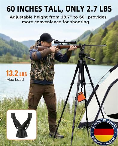 60" Rifle Shooting Tripod, Stable, 360° V-Yoke Rest,3D Pan Head for Hunting | 2.6lb, Folds to 18". 360° V-yoke, 3/8 Thread, 1/4" QR Plate. Rubber feet, Wind Hook, Sponge Grip, Carry Bag, for Crossbow in Saudi Arabia