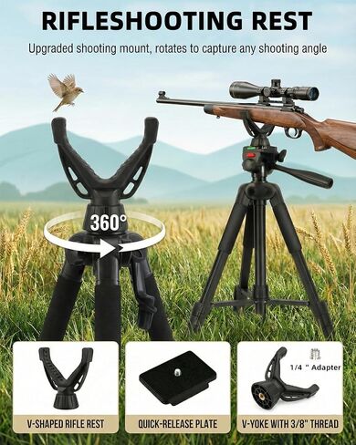 60" Rifle Shooting Tripod, Stable, 360° V-Yoke Rest,3D Pan Head for Hunting | 2.6lb, Folds to 18". 360° V-yoke, 3/8 Thread, 1/4" QR Plate. Rubber feet, Wind Hook, Sponge Grip, Carry Bag, for Crossbow in Saudi Arabia