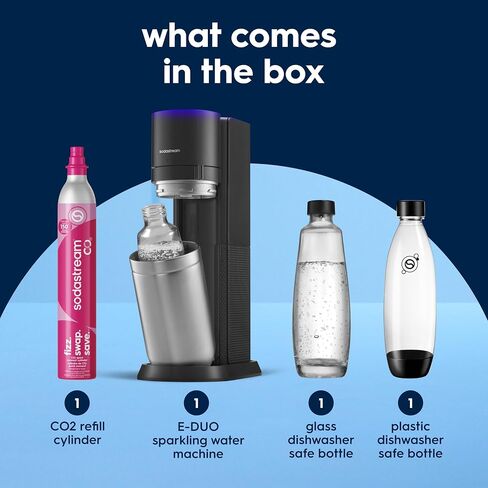 SodaStream E-Duo Sparkling Water Maker (Black) with 60L CO2, 1 BPA- Free Carbonating Bottle and (1)1L Glass Bottle in Kuwait