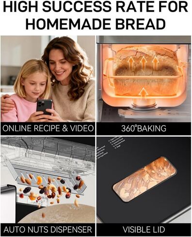25-IN-1 Bread Maker with Visible Lid | 2lb Automatic Machine, Auto Nut Dispenser, 13-Hour Delay Timer, One-Touch Control & Recipes – Easy Operation, High Success for Homemade Bread in Saudi Arabia