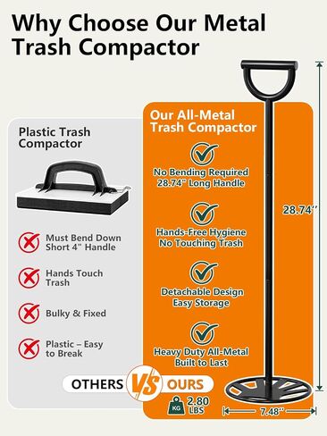 Trash Compactor for Kitchen All-Metal Manual Garbage Compressor, Extra Long | 28.7'' Freestanding Tamper Press Tool with Large Surface Area, No Electric Touchless Smasher Waste for Home and Outdoor Bin in Saudi Arabia