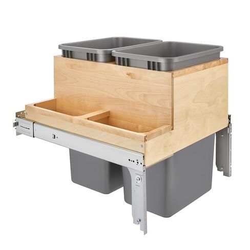 Rev-A-Shelf Double Top-Mount Pullout Trash Can, Min Opening 15" W, 35 Qt | Under Kitchen Cabinet Large Capacity Waste/ Recycling Containers, 150 Lbs Rated Full-Extension Slides, 4WCTM-18BBSCDM2 Silver in Saudi Arabia