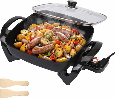 12" Ceramic Nonstick Electric Skillet with Tempered Vented Glass Lid, Scratch-Resistant Surface, Cool-Touch Handles, Removable Easy-to-Clean Design, 1200W, Sleek Black in Saudi Arabia