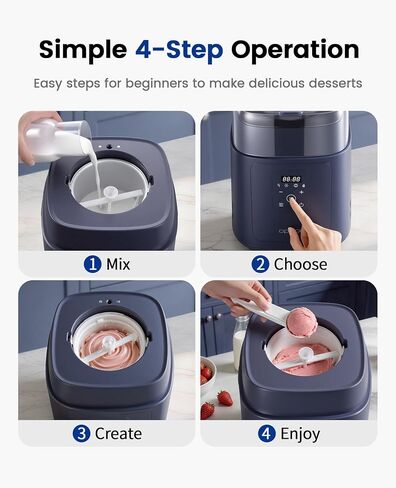 4-in-1 Compressor Ice Cream Maker (1.0Qt), No Pre-Freezing, Automatic Yogurt Maker, Gelato Sorbet Frozen Yogurt Soft Serve Machine, Compact Vertical Design for Home Kitchen(Blue) in Saudi Arabia