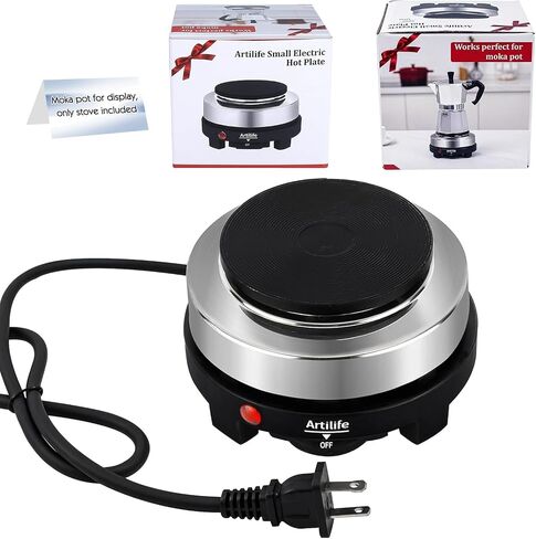 Artilife 500W Mini Electric Hot Plate - Moka Pot Special, 110V Compact RV Camping Stove, 4" Cast Iron Burner for Coffee, Low Wattage Portable (Silver) in Kuwait