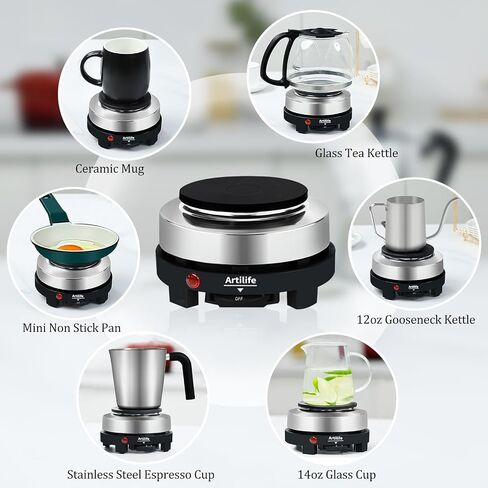 Artilife 500W Mini Electric Hot Plate - Moka Pot Special, 110V Compact RV Camping Stove, 4" Cast Iron Burner for Coffee, Low Wattage Portable (Silver) in Kuwait