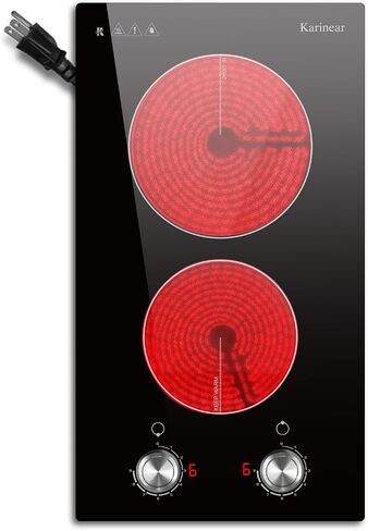Karinear 110v Electric Cooktop 2 Burners, 12'' Electric Stove Top Plug in | Knob Control Countertop & Built-in Ceramic Cooktop, 9 Heating Level,Hot Warning, Over-Temperature Protection,for the Elederly in Kuwait