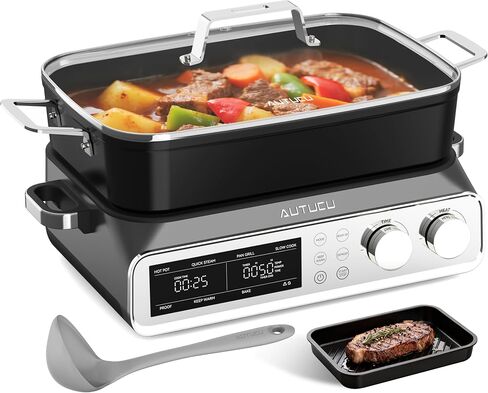 N21NA Pro Slow Cooker 10 Quart, 8-in-1 Programmable PFOA-Free Ceramic Coated Multi-Cooker with Grill Pan, Steaming Plate (Includes Silicone Spoon & Tongs) in Saudi Arabia