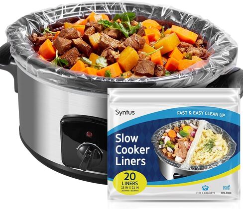 Syntus Slow Cooker Liner, 20 Pcs 13"x 21" Large Size Fit 3-8 QT Pots | Disposable, Thick Cooking Bags, BPA-Free, 100% Leak-Proof, Heat-Resistant Up to 400°F, for Round Oval Rectangular Pots in Saudi Arabia