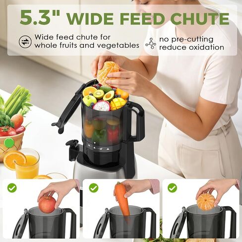 Cold Press Juicer with 5.3" Extra Wide Feed Chute, Slow Masticating Juicer Machine for Pre-Cut Fruits and Vegetables, High Yield Fruit Juicer, Easy Clean Design, BPA-Free in Saudi Arabia