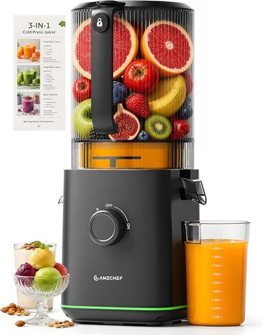 AMZCHEF Cold Press Juicer, 6.5" Whole Fruit Self-Feeding Slow Juicer | 3-in-1 Juicer Machine for Juice, Nut Milk & Sorbet, 100oz Large Capacity, Easy to Clean Design, Triple Strainers, Large Auger in Kuwait